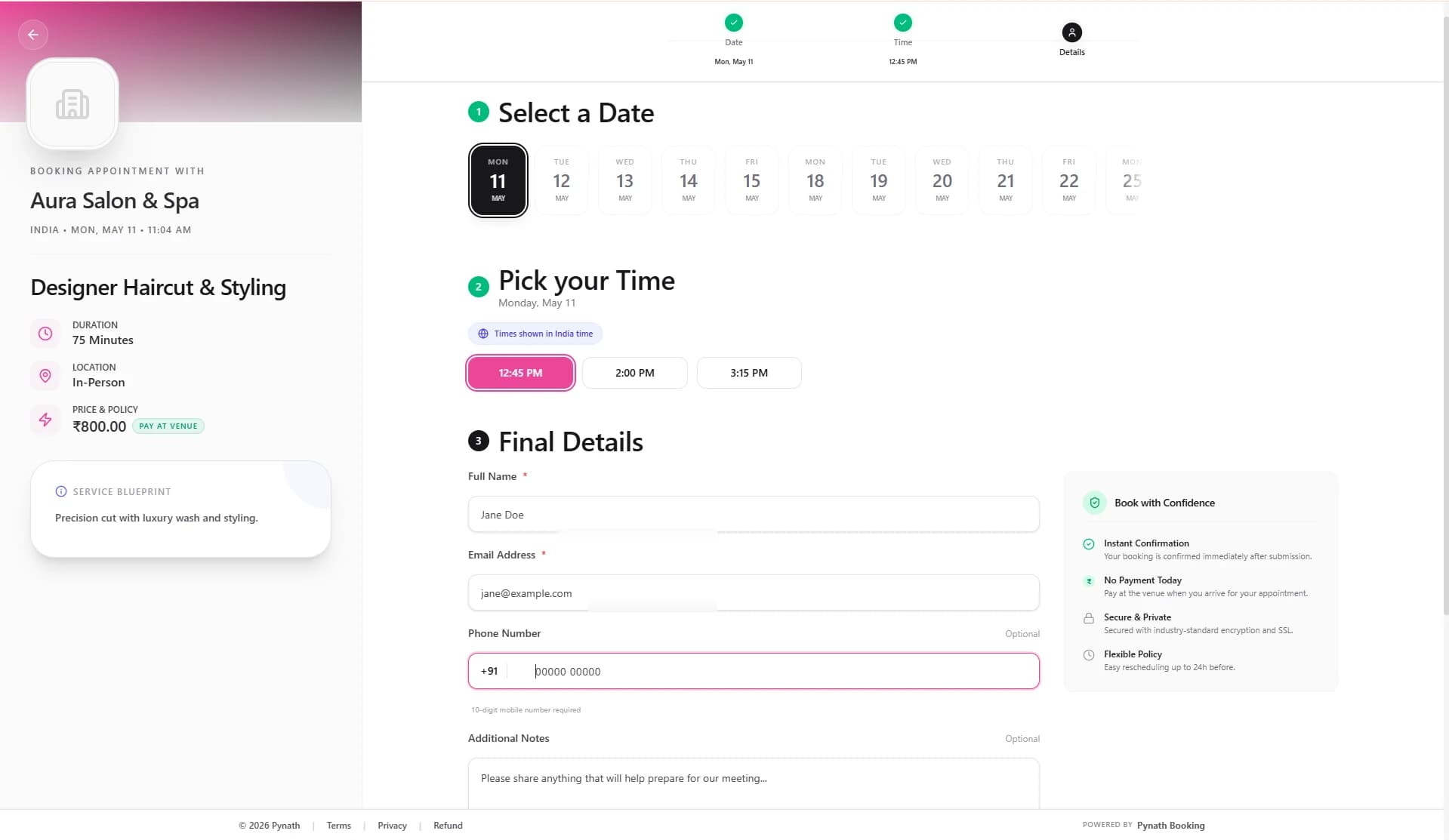 Pynath Booking public interface showing the 3-step booking flow: Select a Date, Pick your Time, and Final Details. Designed for high conversion and secure scheduling.