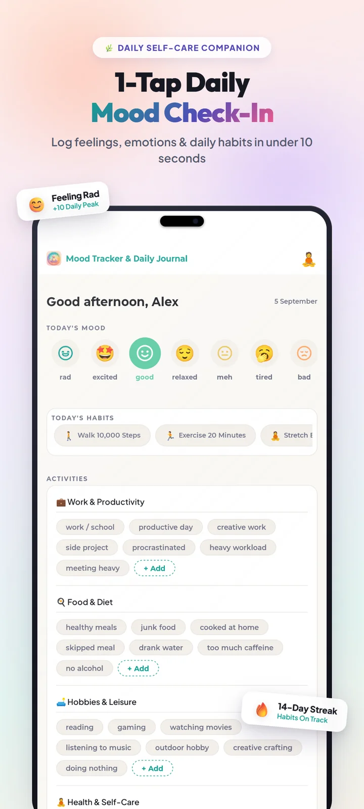 Mood Tracker Check-in Screen showing calibrated 5-tier mood selection and activity tags