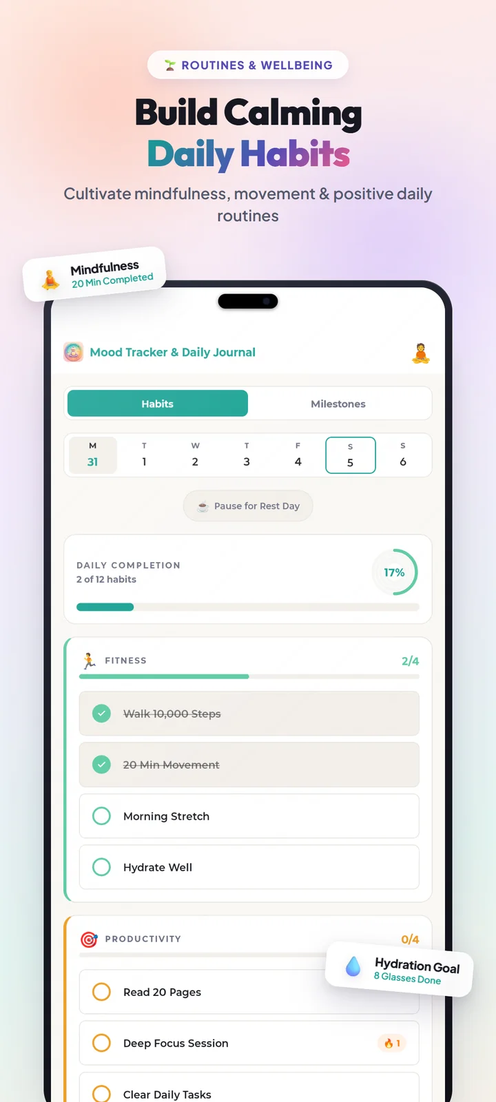 Daily habits and gentle self-care streaks tracking screen