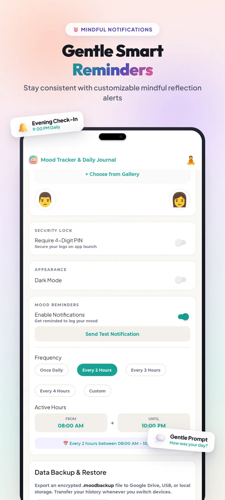 Gentle local push notification reminders schedule
