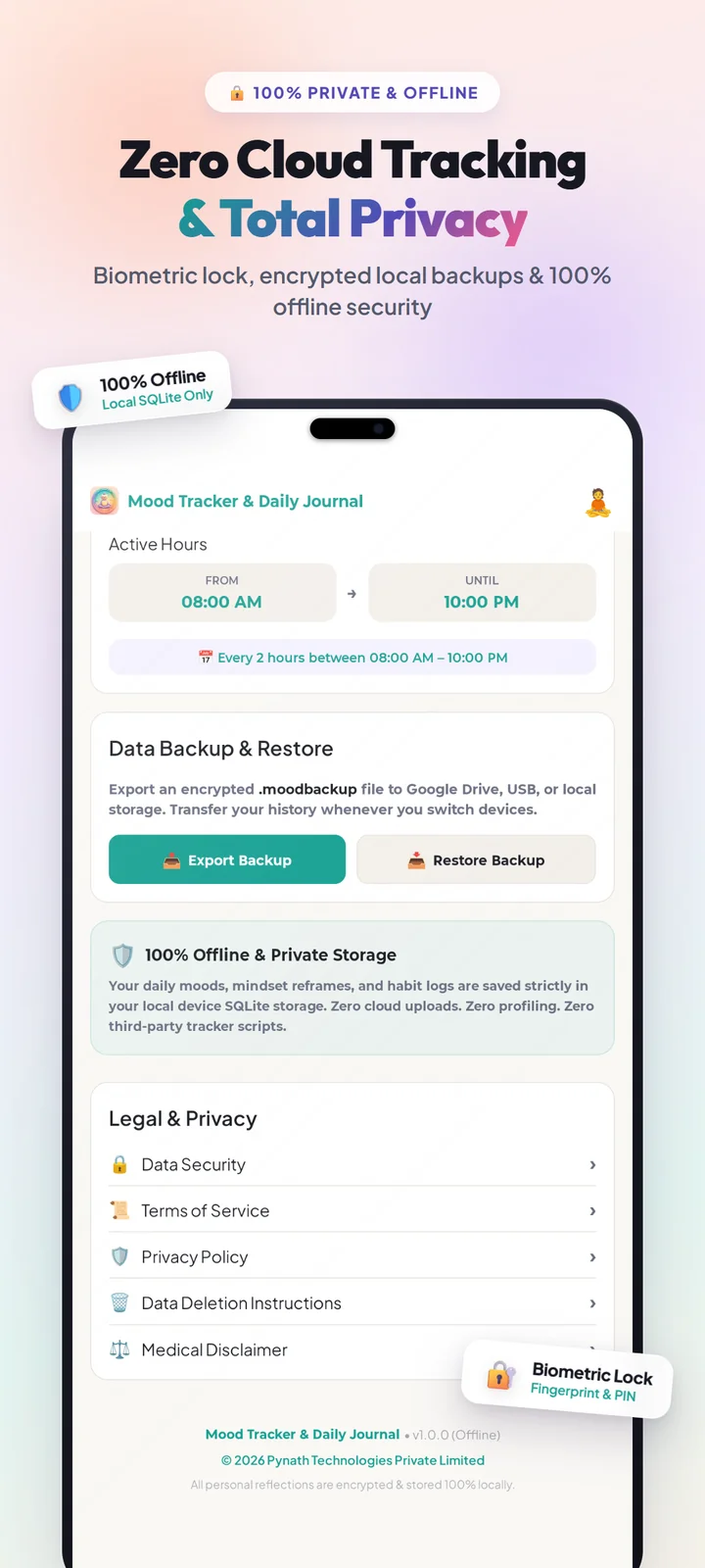 100% on-device SQLite database with biometric fingerprint and PIN protection